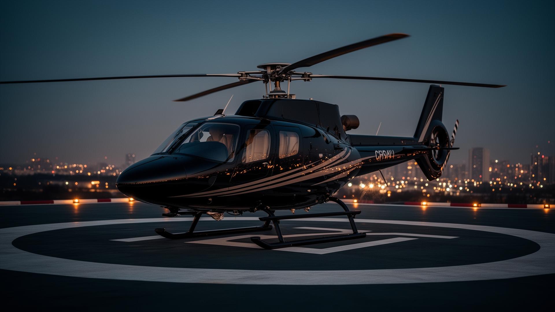 Private helicopter on helipad at twilight